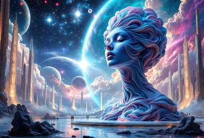 The primary subject of the image is a woman with blue hair, who is the main focus of the scene. She is standing in front of a large, colorful, and intricate sculpture of a head. The setting is a futuristic environment, with a backdrop of a space scene featuring a planet and a moon. The visual style of the image is digital art, with a vibrant and surreal atmosphere. The dominant colors in the image are blue, pink, and purple, creating a unique and captivating